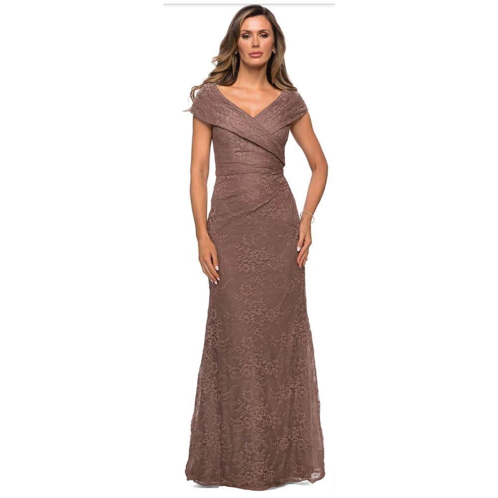 La Femme - 27982 V Neck Off Shoulder Knit Lace Sheath Long Dress in Cocoa NWT Si